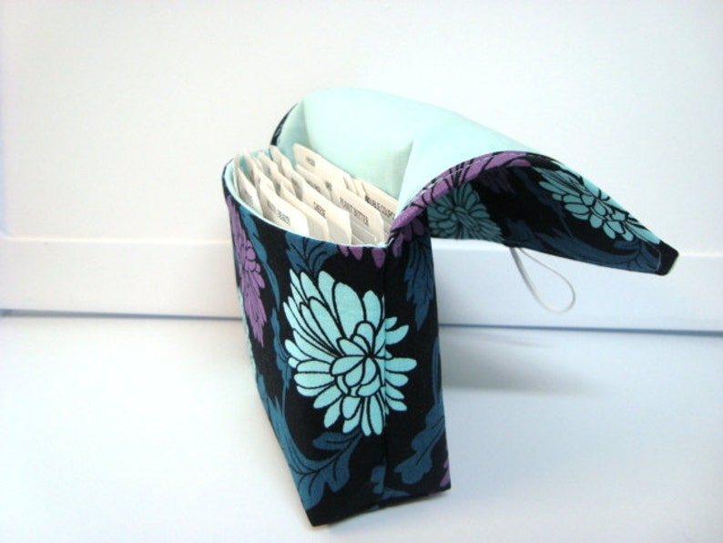 Coupon Organizer Budget Organizer Holder Attaches To You Shopping Cart Black with Aqua and Purple Mums image 3
