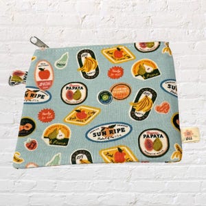 Small Zipper Bag , Coin  Purse Card Holder  Pouch Ear Bud Bag with D Ring Rifle Paper Co Orchard Fruit Stickers