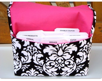 Coupon Organizer /Budget Organizer Holder  / Attaches To You Shopping Cart - Black and White Dandy Damask - Hot Pink Lining