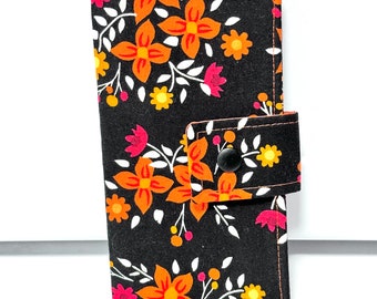 Fabric Check Book Cover , Checkbook Holder Cash Holder, Coupon Holder Black with Orange Floral