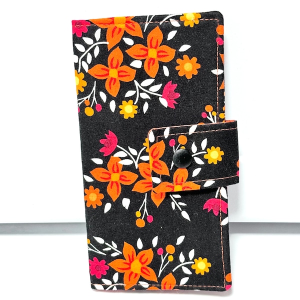 Protège-carnet de chèques en tissu, porte-chèques porte-monnaie, porte-bons noir à fleurs orange