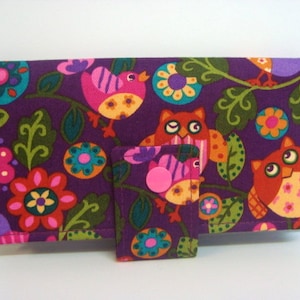 Fabric Checkbook Cover, Checkbook Holder Cash Holder -  Plum Owls