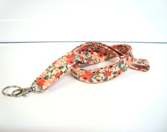 Lanyard ID Holder Key Chain Comes with FREE ID Badge Cover Cotton and Steel Fabric, Rifle Paper Co., Les Fleurs, Rosa