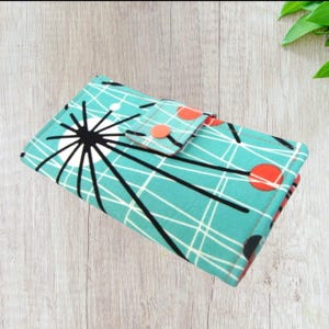 Fabric Checkbook Cover, Holder -  Turquoise Atomic