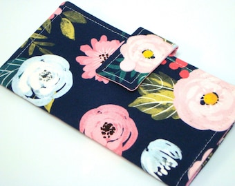 Fabric Checkbook Cover , Checkbook Holder Cash Holder, Coupon Holder  Watercolor Mums and Roses