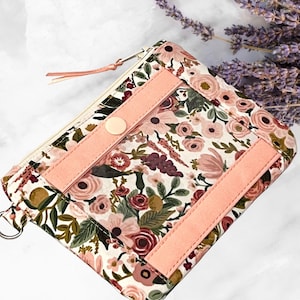 Portefeuille zippé pour carte d'identité, pochette pour porte-monnaie. Portefeuille mince et minimaliste pour carte d'étudiant Rifle Paper Co. Garden Party Petite Rose