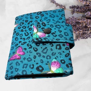 Zipper Pouch Wallet, Card Holder, Minimalist Wallet Teal Leopard with Butterflies with RFID Card Protection