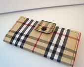 Fabric Checkbook Cover , Holder - Tan,Black and Red Plaid