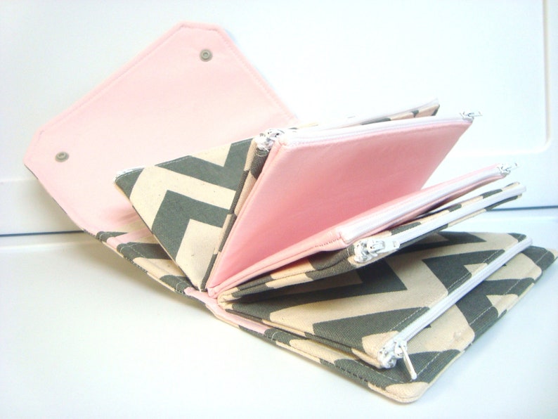 Cash Envelope Wallet / Dave Ramsey System / Zipper Envelopes Gray Natural Chevron with Pink Lining image 6