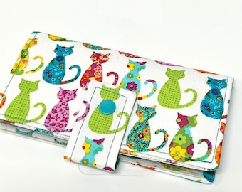 Fabric Checkbook Cover Multi-Color Cats, Cash, Coupon Holder