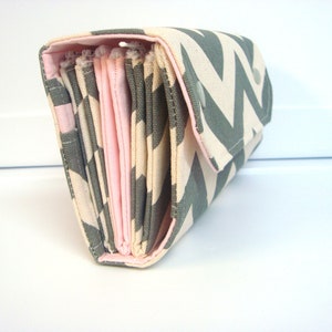 Cartera de sobres en efectivo / Sistema Dave Ramsey / Sobres con cremallera - Chevron natural gris con forro rosa