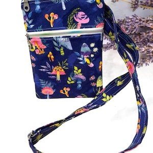 Crossbody Zipper Bag, Cell Phone Holder Mushrooms on Navy