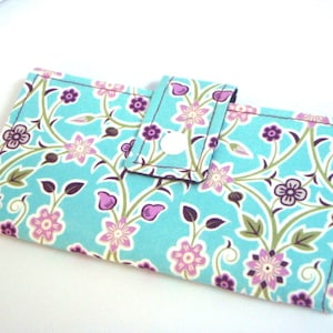 Funda de tela para chequera, soporte: capullo floral burdeos sobre aguamarina