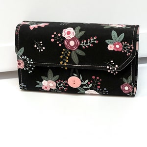 Cash Envelope Wallet  / Dave Ramsey System / ZIPPER Envelopes - Black with Peach and White Floral  6 Zipper