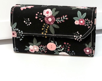 Cash Envelope Wallet  / Dave Ramsey System / ZIPPER Envelopes - Black with Peach and White Floral  6 Zipper