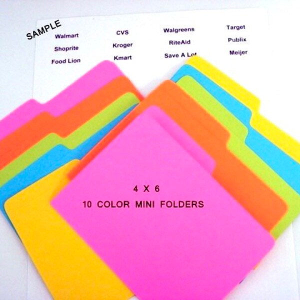 Pack of 10 Colorful  4 x 6 Mini Folders  For Coupon Organizer