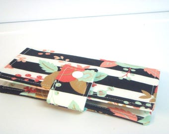 Fabric Checkbook Cover, Holder -  Black and White Stripes with Floral