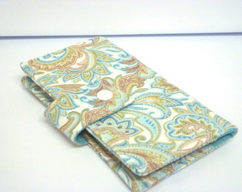 Fabric Checkbook Cover, Holder - Pretty Green Paisley, Turquoise Green Paisley
