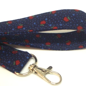 Lanyard ID Holder Key Chain Key Fob Mask Holder Comes with ID Badge Cover Nurses Gift Teachers Gift  Dark Blue with Red Apples