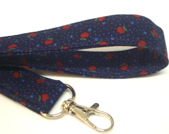 Lanyard ID Holder Key Chain Key Fob Mask Holder Comes with ID Badge Cover Nurses Gift Teachers Gift  Dark Blue with Red Apples