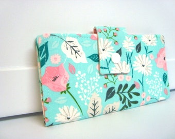 Fabric Checkbook Cover, Checkbook Holder Cash Holder - Botanical Aqua  Floral