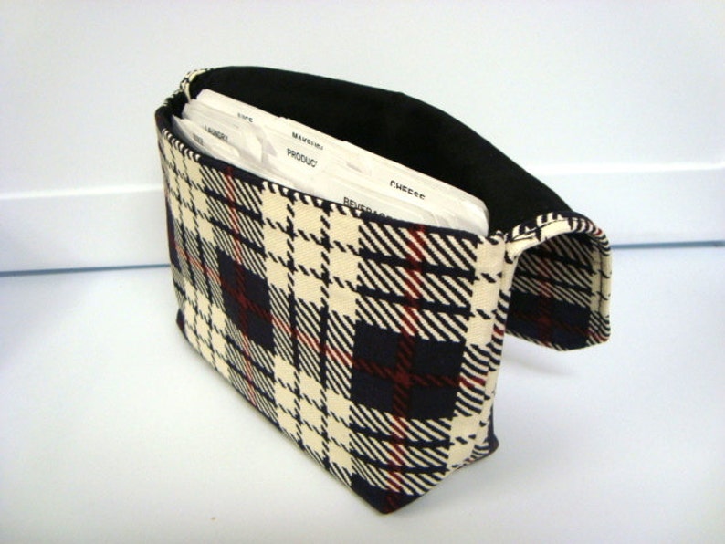 Attaches to Your Shopping Cart Fabric Coupon Organizer Budget Organizer Holder Blue and Cream Plaid