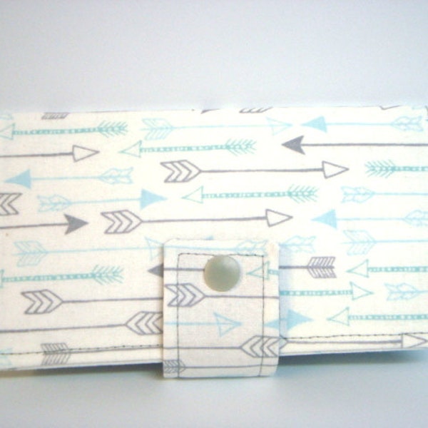 Fabric Checkbook Cover, Checkbook Holder Cash Holder - White with Gray and Aqua Arrows
