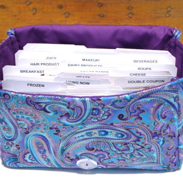 Large 4" Size Coupon Organizer / Budget Organizer Holder Box - Attaches to Your Shopping Cart - Blue Purple Paisley or PICK YOUR SIZE