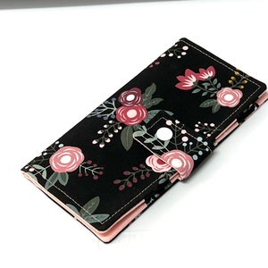 12 - 38 Credit Card Wallet , Business Card Organizer, Credit Card Holder Loyalty Card Case with Zipper Pocket Black with Peach Floral