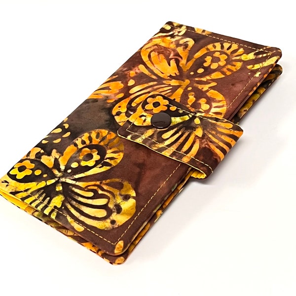 Couverture de chéquier en tissu, porte-chéquier porte-monnaie, porte-coupon papillon Batik orange et marron