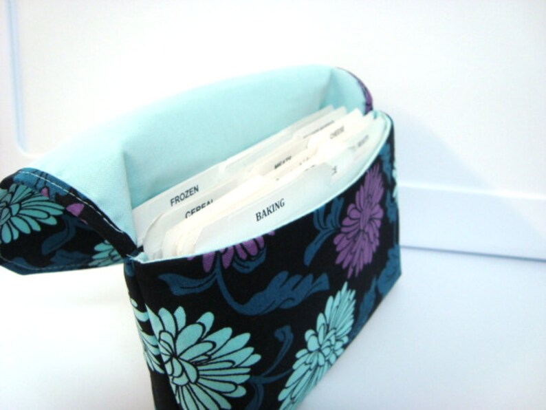 Coupon Organizer Budget Organizer Holder Attaches To You Shopping Cart Black with Aqua and Purple Mums image 4