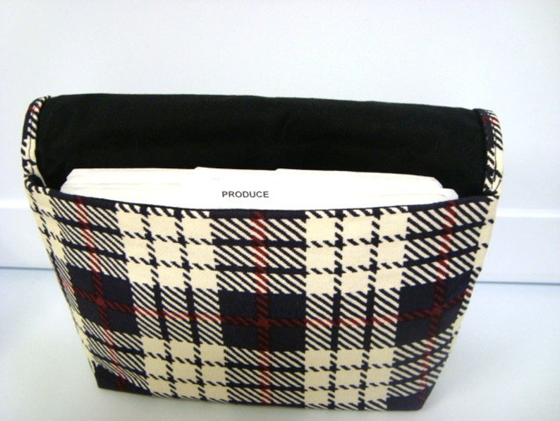 Attaches to Your Shopping Cart Fabric Coupon Organizer Budget Organizer Holder Blue and Cream Plaid