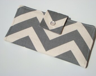 BiFold Long Wallet Clutch /Checkbook Cover - Gray and Neutral Chevron / Zig Zag