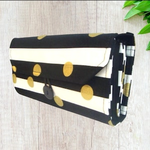 Cash Envelope Wallet  / Dave Ramsey System / Zipper Envelopes -  Black and White Stripes with Gold Dots