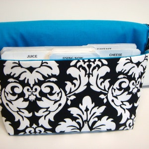 Coupon Organizer / Budget Organizer Holder- Attaches to your Shopping Cart -  Black and White Damask - Teal Lining