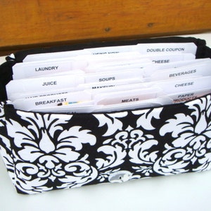 Medium Size Coupon Organizer Holder Attaches to your shopping cart Black and White Damask image 1