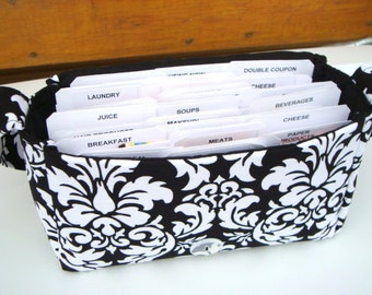 Medium Size Coupon Organizer Holder - Attaches to your shopping cart - Black and White Damask