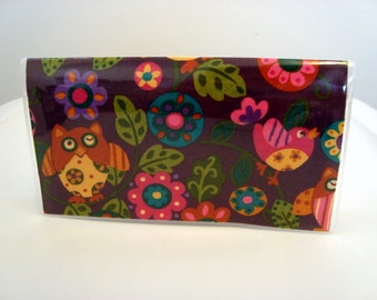 Checkbook Cover , Holder - Owls and Birds in Plum