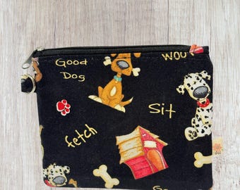 Med-Small Dog Print Zipper Pouch: Handmade Cotton Coin Purse Card Holder