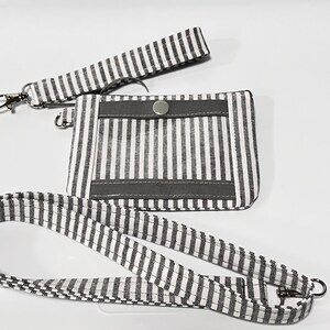 Cartera de identificación, Monedero, Bolsa con cremallera para dinero, Cartera delgada minimalista de identificación de estudiante Raya gris y blanca con cordón o muñequera