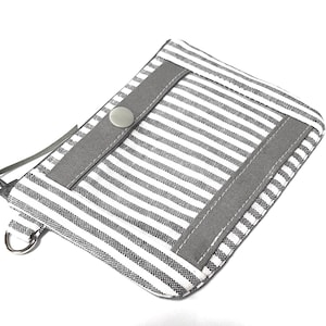 Estuche con cremallera para identificación, monedero, estuche para maquillaje. Cartera minimalista delgada para identificación de estudiante con rayas grises y blancas