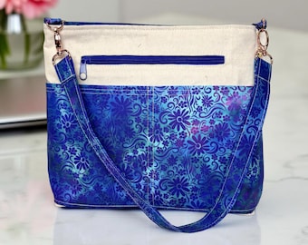 Handmade Shoulder Bag, Women’s Bag,Canvas Tote, Shoulder Purse Blue Batik Daisy