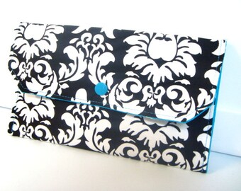 Cash Envelope Budget Coupon Organizer Clutch Use for the Dave Ramsey System Black and White Damask with Teal Lining