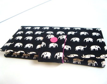 Fabric Checkbook Cover , Checkbook Holder Coupon Holder Cash Holder Black and White Elephants