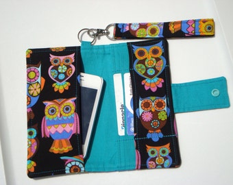 Cell Phone Wallet - Cell Phone Case  ID Holder iphone Case Credit Card Holder with Detachable Wristlet  Peace Owl Turquoise Lining