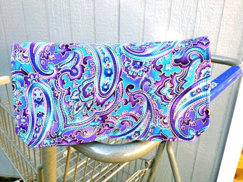 Coupon Organizer /Budget Organizer Holder , Cash Wallet, Coupon Wallet Attaches to Your Shopping Cart Beautiful Blue and Purple Paisley image 1