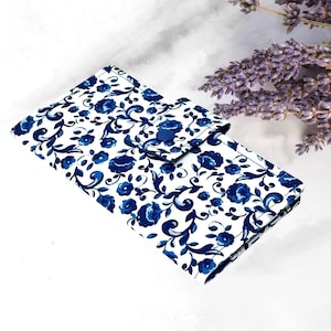 Fabric Checkbook Cover, Checkbook Holder Cash Holder - Royal Blue Floral