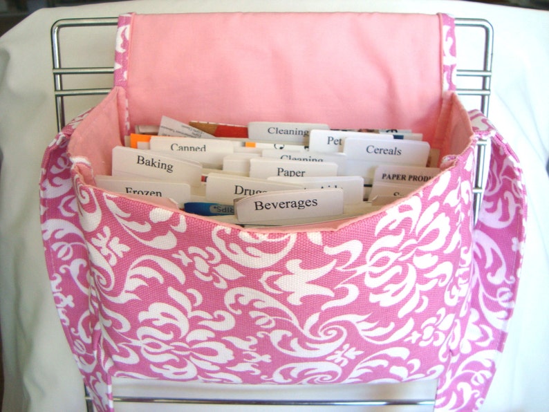 Attaches to Your Shopping Cart Budget Organizer Holder Box Large 4 Coupon Organizer Coupon Tote Bag Pink /& White Damask Decor Fabric
