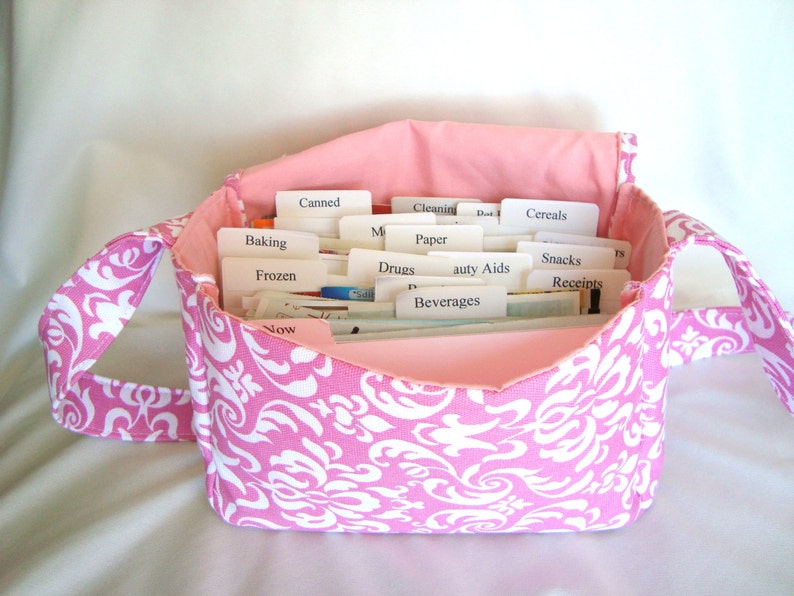 Attaches to Your Shopping Cart Budget Organizer Holder Box Large 4 Coupon Organizer Coupon Tote Bag Pink /& White Damask Decor Fabric