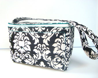 4" Large  Coupon Organizer Holder Coupon Box  Coupon Bag with Zipper Closer - Black and White Damask  Turquoise Lining